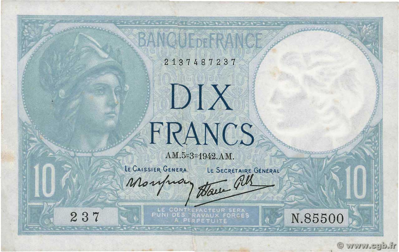 10 Francs MINERVE modifié FRANCIA  1942 F.07.31 BB