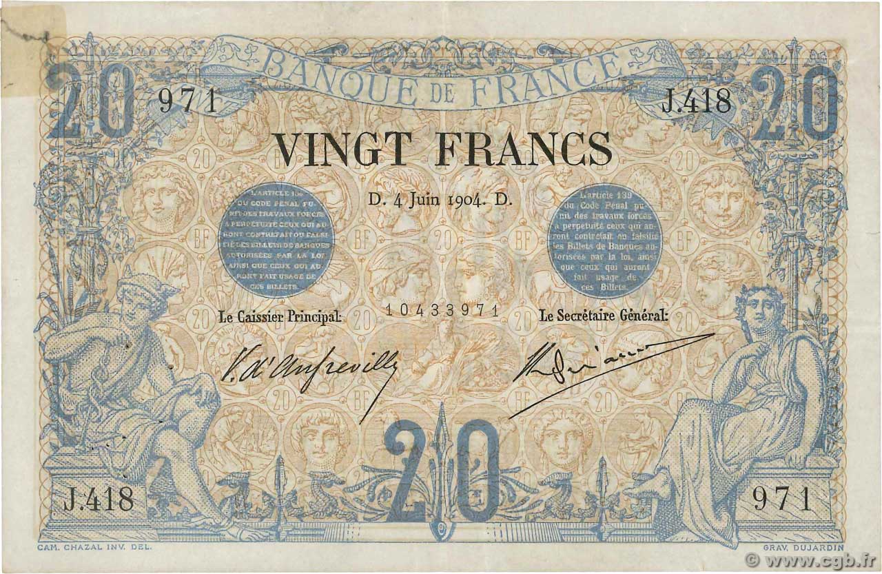 20 Francs NOIR FRANCE  1904 F.09.03 TTB