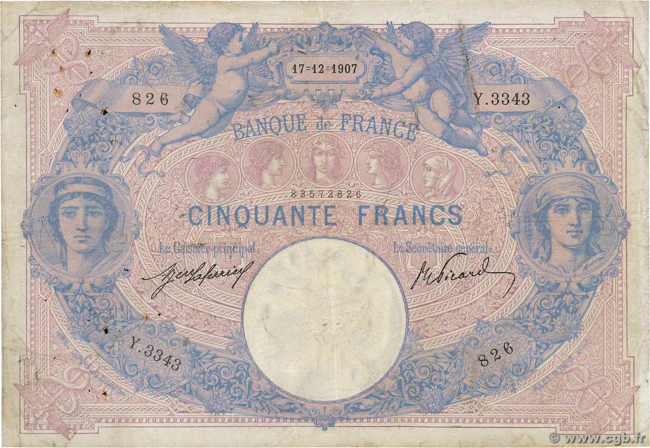50 Francs BLEU ET ROSE FRANCIA  1907 F.14.20 q.MB