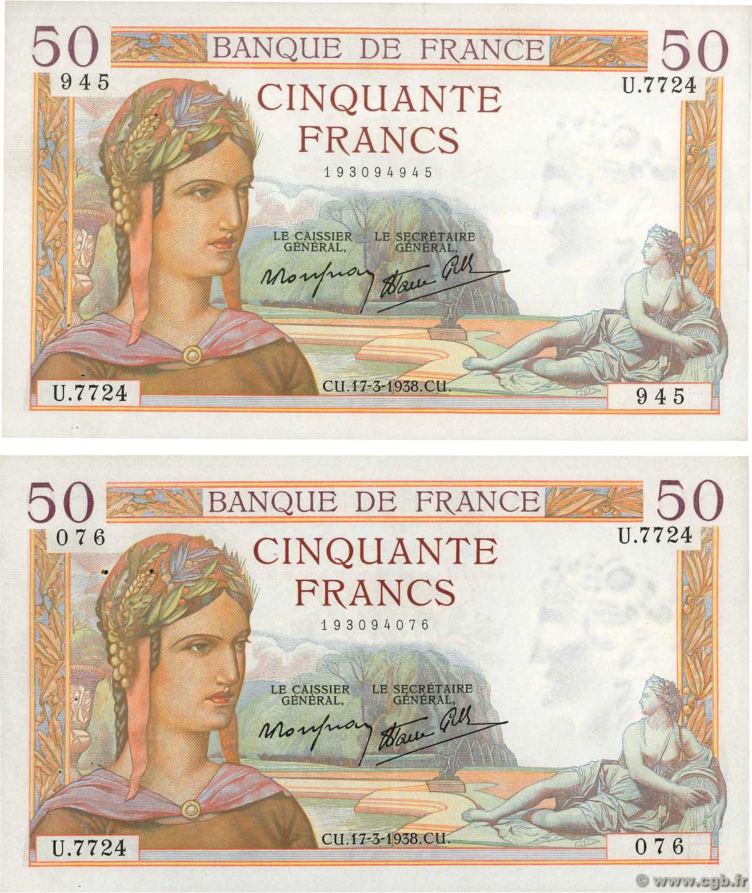 50 Francs CÉRÈS modifié Lot FRANCIA  1938 F.18.10 q.SPL