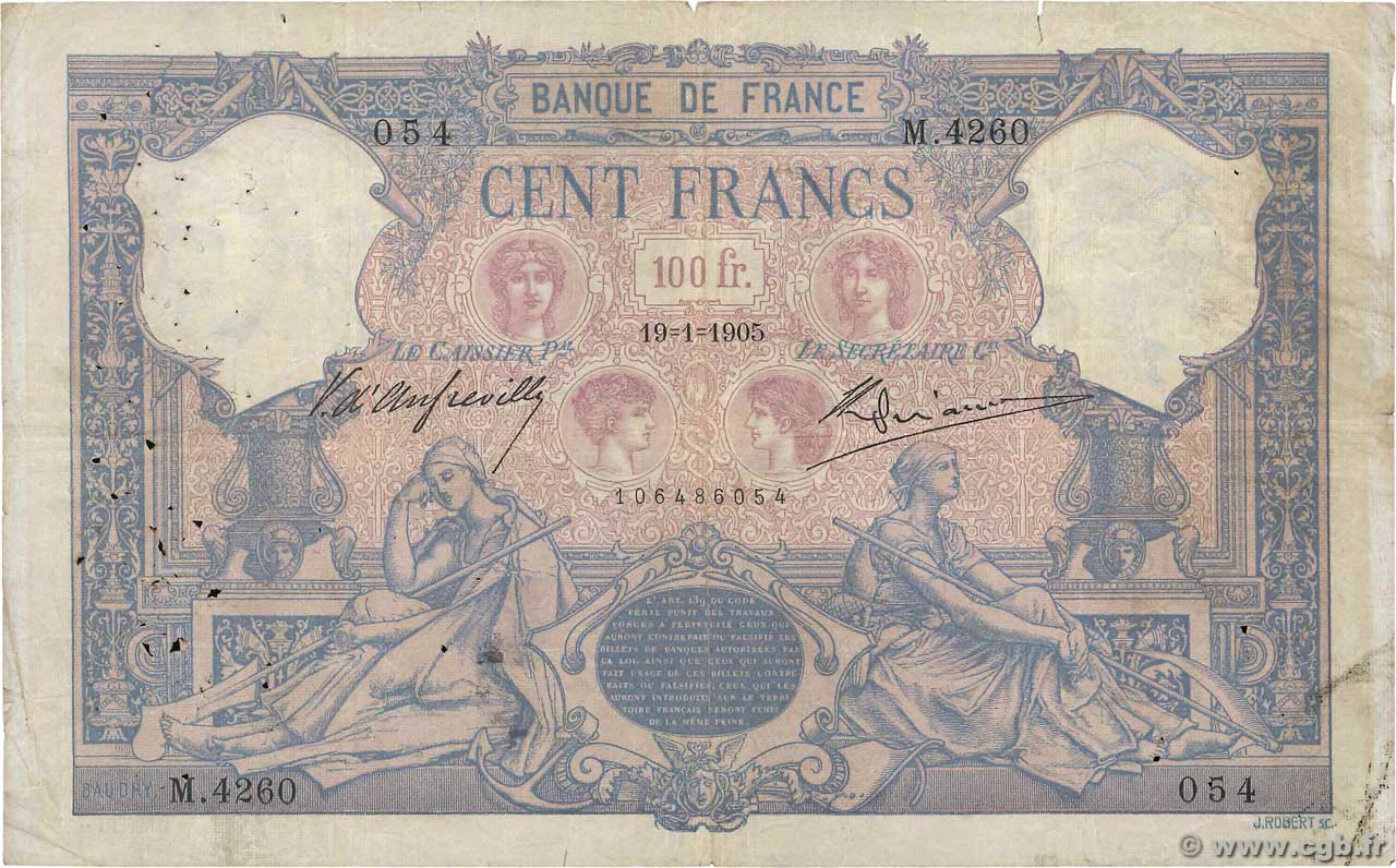 100 Francs BLEU ET ROSE FRANCE  1905 F.21.19 B+