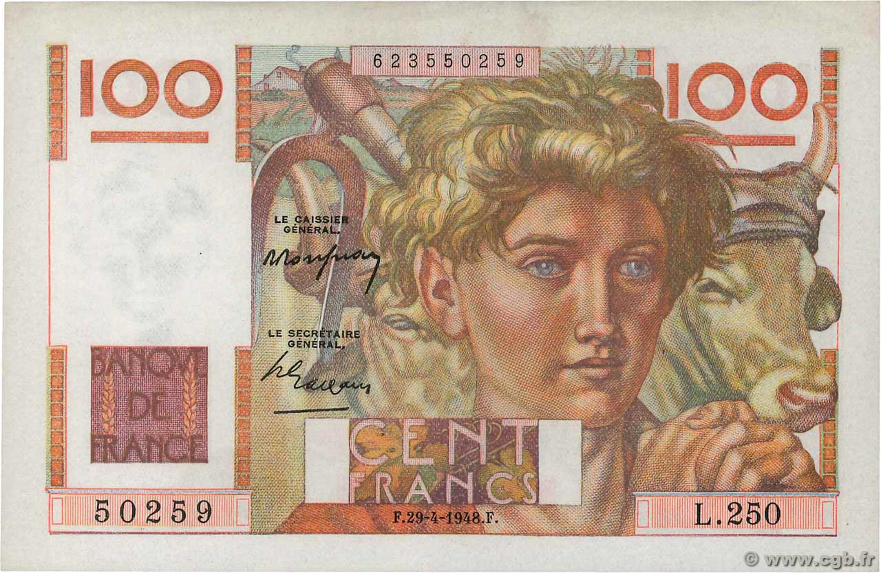 100 Francs JEUNE PAYSAN FRANCIA  1948 F.28.18 q.FDC