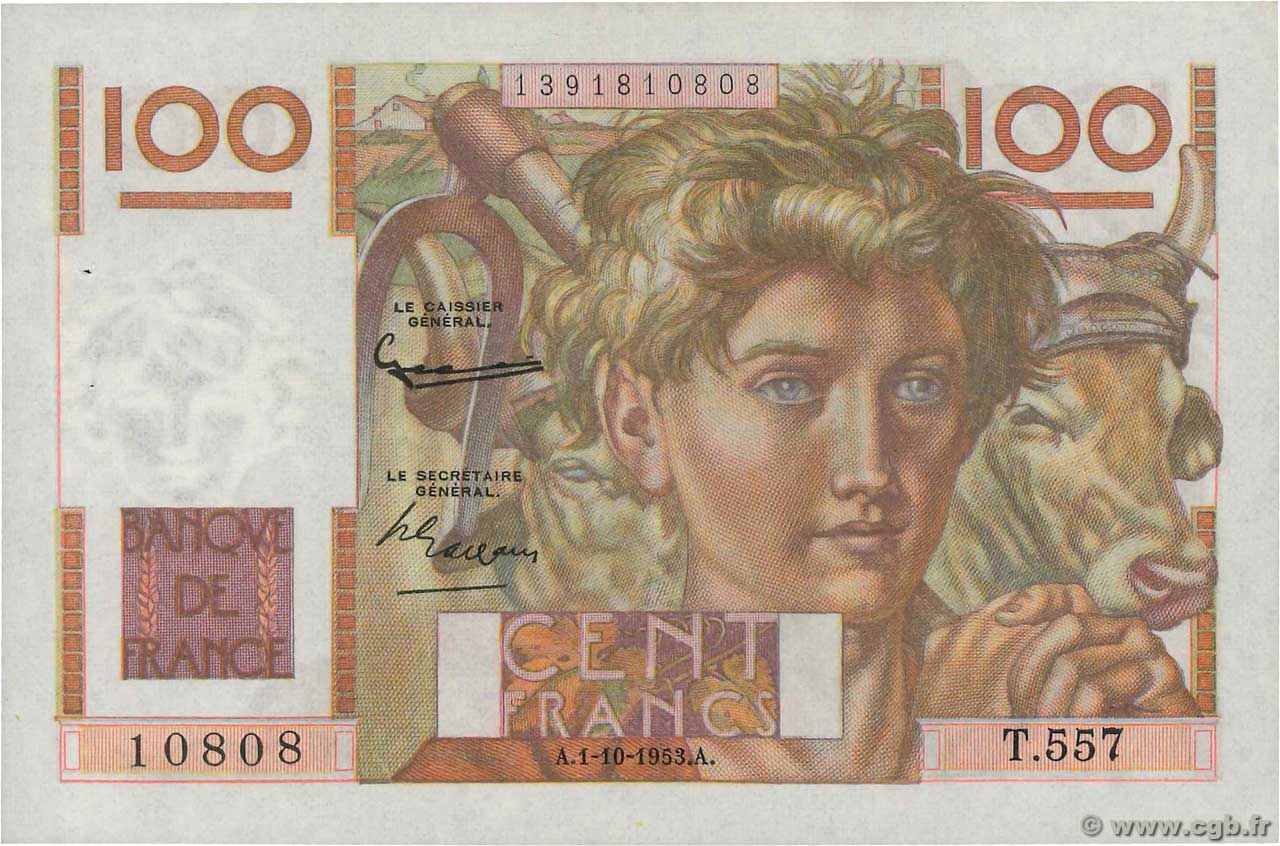 100 Francs JEUNE PAYSAN filigrane inversé FRANCIA  1953 F.28bis.03 SPL+