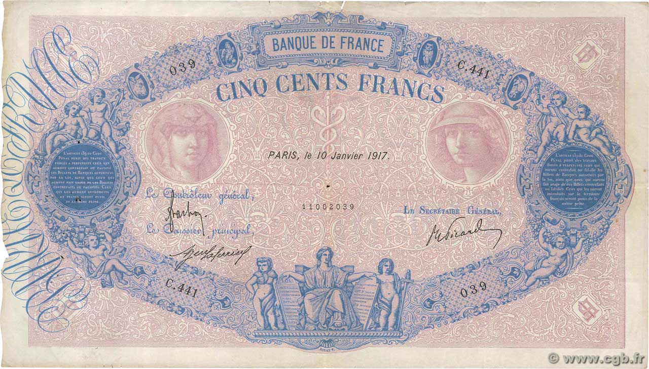 500 Francs BLEU ET ROSE FRANCIA  1917 F.30.23 MB