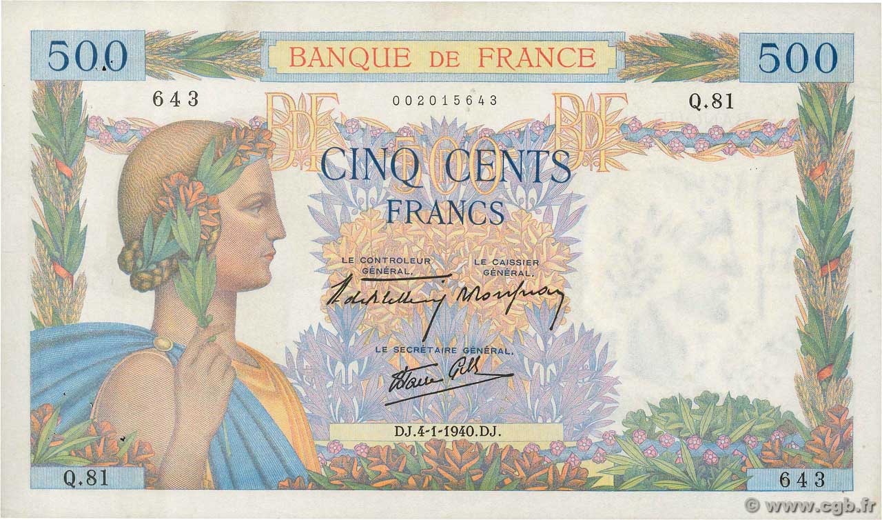 500 Francs LA PAIX FRANCE  1940 F.32.01 pr.SUP