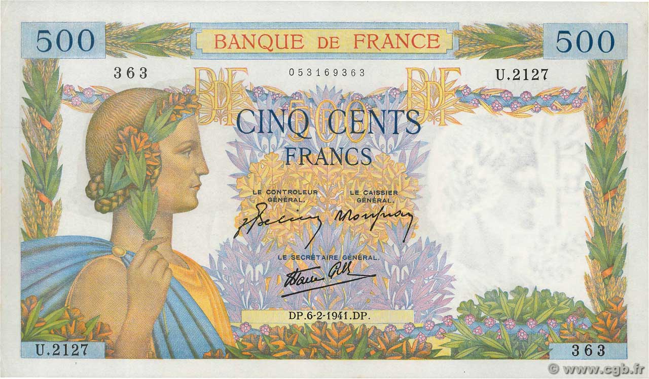 500 Francs LA PAIX FRANCIA  1941 F.32.14 q.FDC