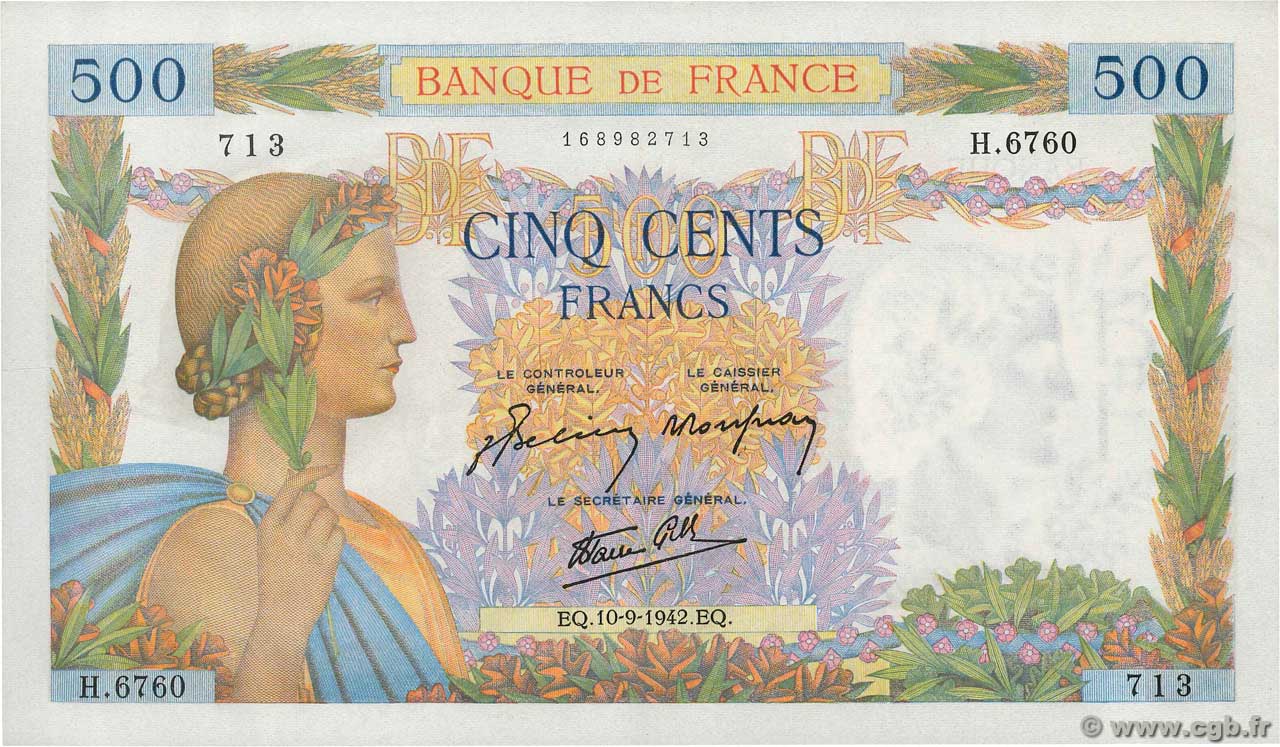 500 Francs LA PAIX FRANCE  1942 F.32.40 pr.NEUF