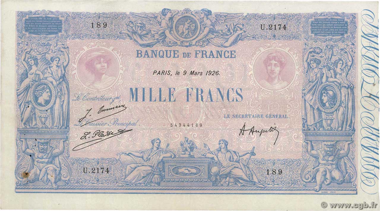 1000 Francs BLEU ET ROSE FRANCIA  1926 F.36.42 MBC
