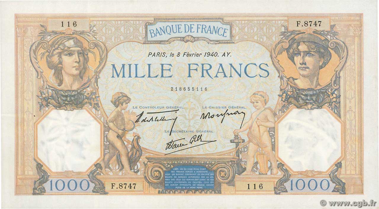 1000 Francs CÉRÈS ET MERCURE type modifié FRANCE  1940 F.38.42 pr.SPL