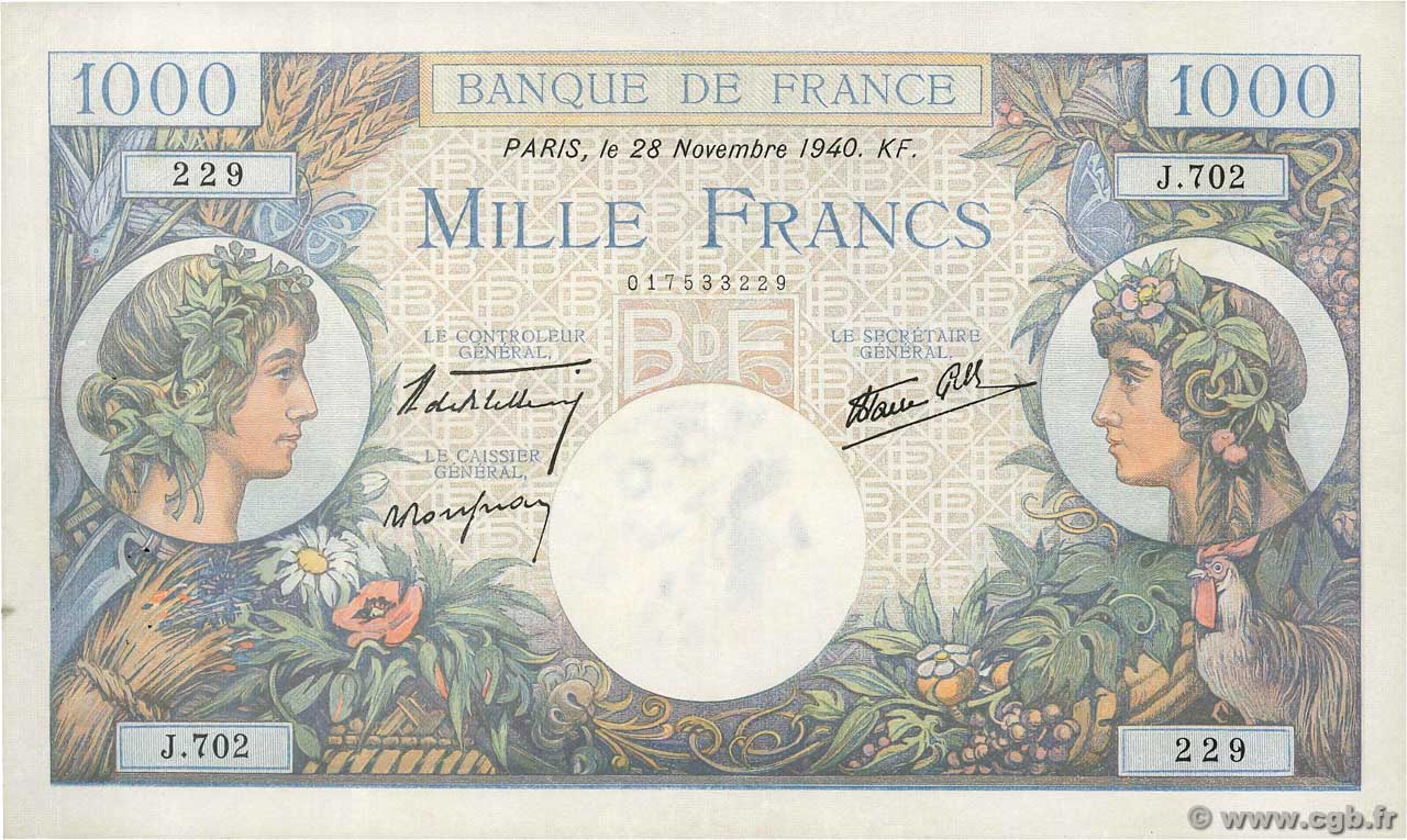 1000 Francs COMMERCE ET INDUSTRIE FRANCE  1940 F.39.02 pr.SUP