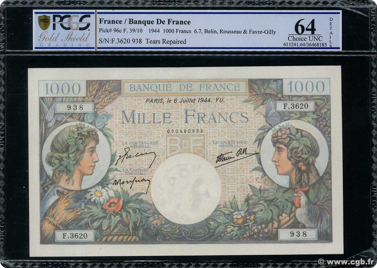 1000 Francs COMMERCE ET INDUSTRIE FRANCIA  1944 F.39.10 AU