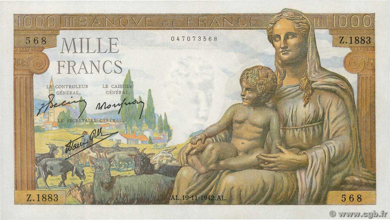 1000 Francs DÉESSE DÉMÉTER FRANCIA  1942 F.40.11 SC+