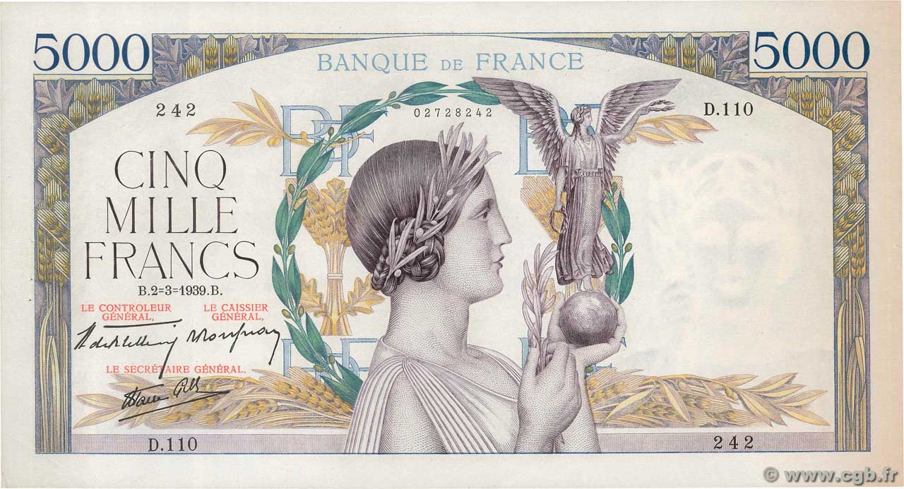 5000 Francs VICTOIRE Impression à plat FRANCIA  1939 F.46.03 EBC a SC