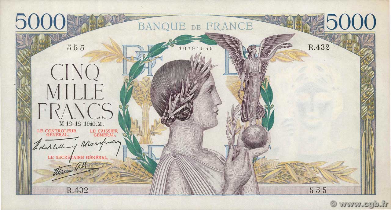 5000 Francs VICTOIRE Impression à plat FRANCE  1940 F.46.16 XF+