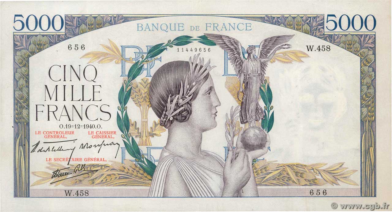 5000 Francs VICTOIRE Impression à plat FRANCE  1940 F.46.17 XF