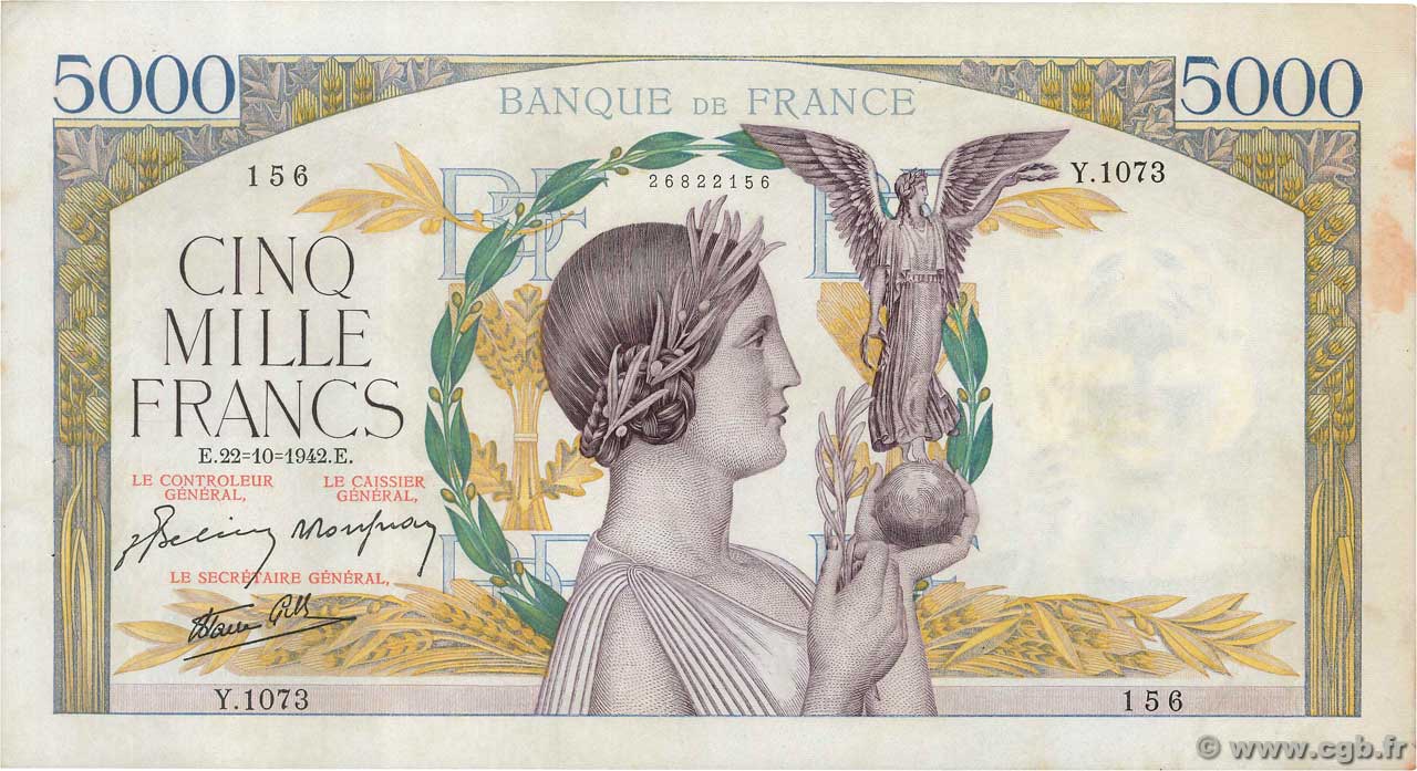 5000 Francs VICTOIRE Impression à plat FRANKREICH  1942 F.46.43 VZ+