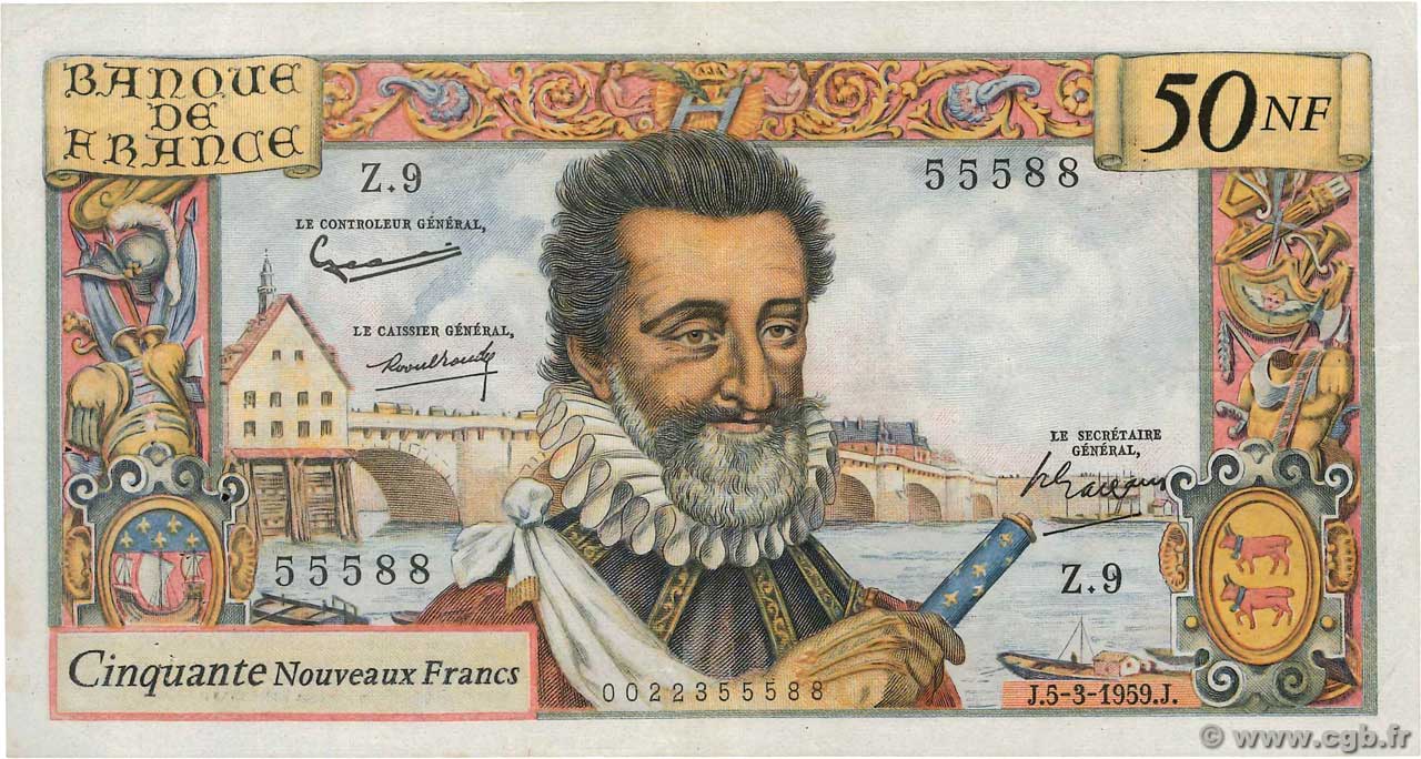 50 Nouveaux Francs HENRI IV FRANCE  1959 F.58.01 VF
