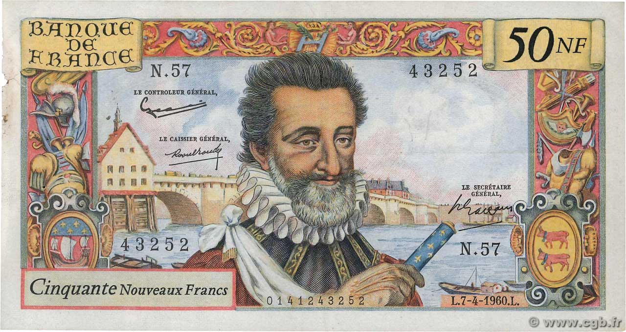 50 Nouveaux Francs HENRI IV FRANCE  1960 F.58.05 VF+