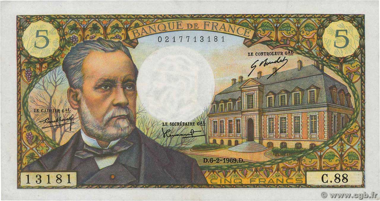 5 Francs PASTEUR FRANCIA  1969 F.61.09 q.AU