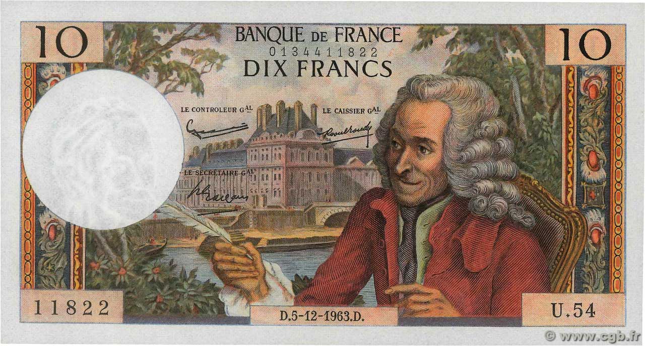 10 Francs VOLTAIRE FRANCE  1963 F.62.06 UNC