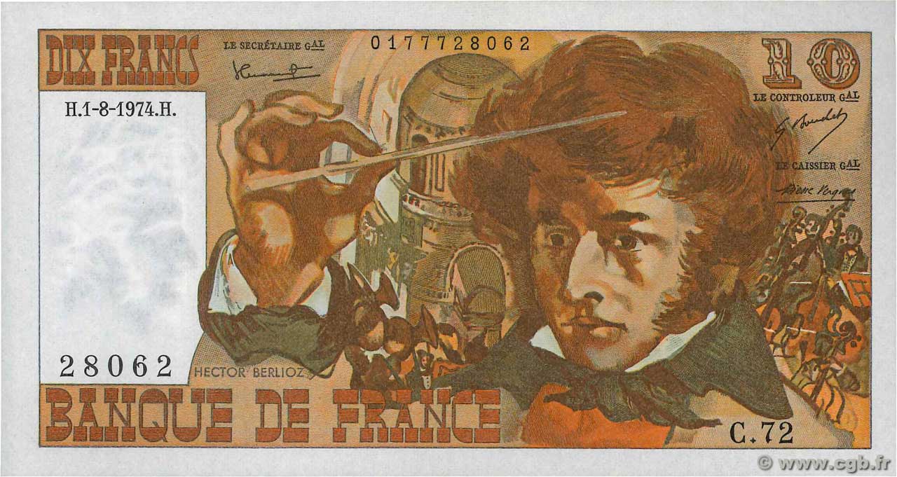 10 Francs BERLIOZ FRANCE  1974 F.63.06 AU+