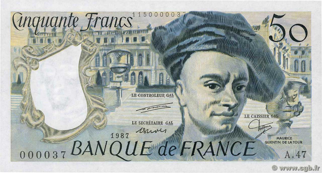 50 Francs QUENTIN DE LA TOUR Petit numéro FRANCIA  1987 F.67.13A47 q.FDC