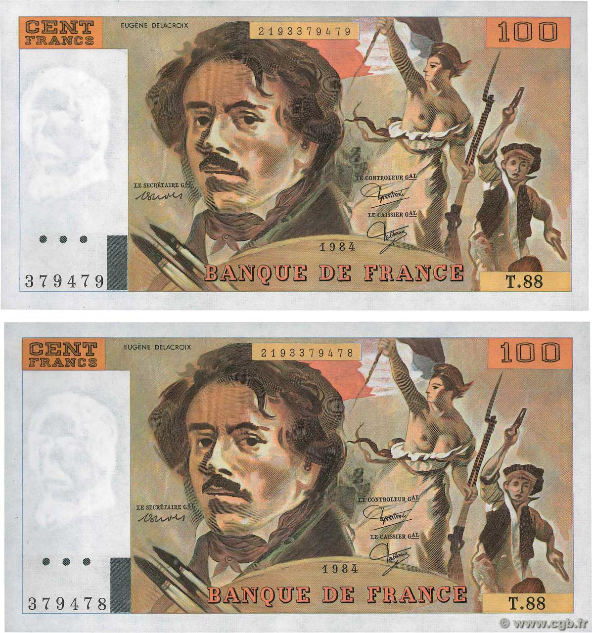 100 Francs DELACROIX modifié Consécutifs FRANCE  1984 F.69.08b pr.NEUF