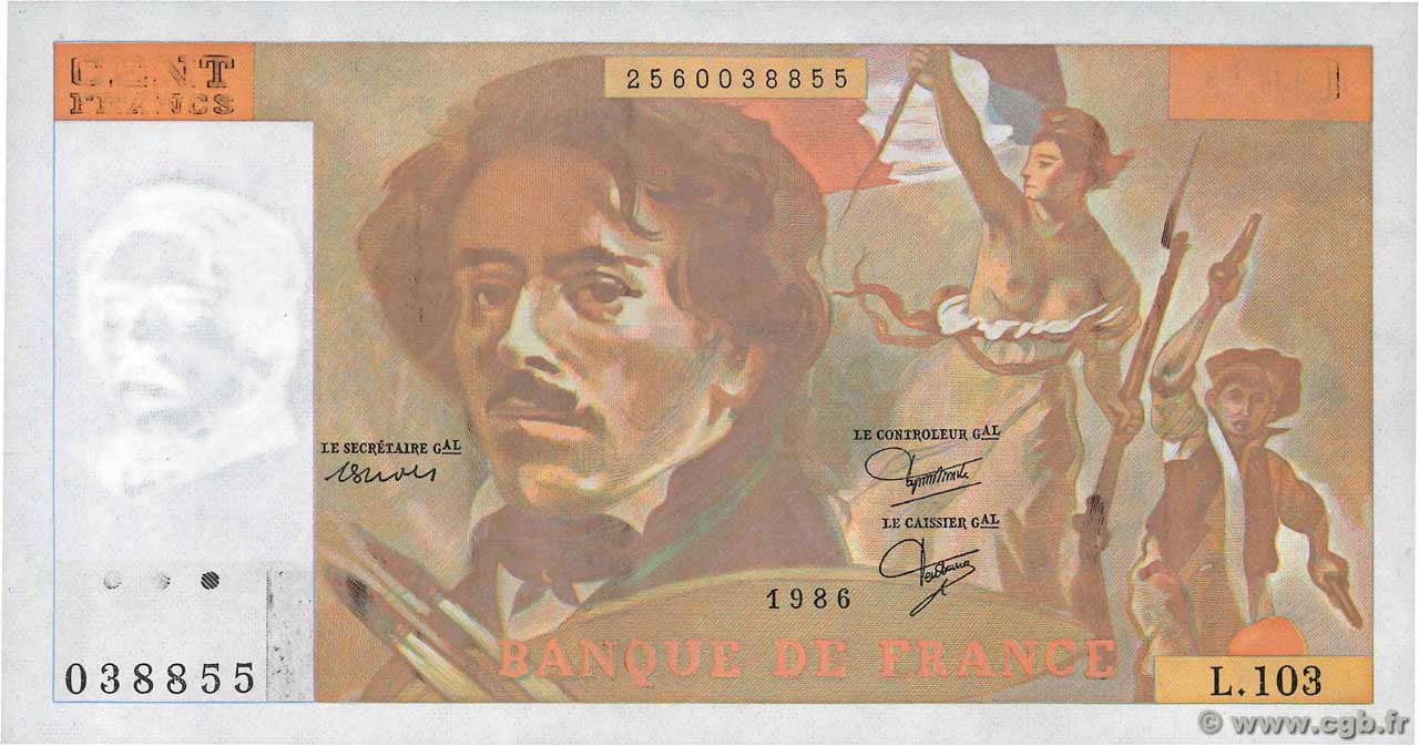 100 Francs DELACROIX modifié Fauté FRANCIA  1986 F.69.10 q.FDC