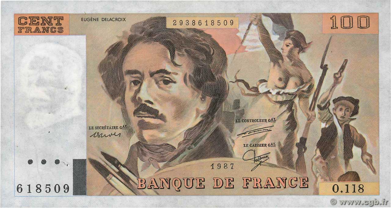 100 Francs DELACROIX UNIFACE FRANCIA  1987 F.69U.11 BB