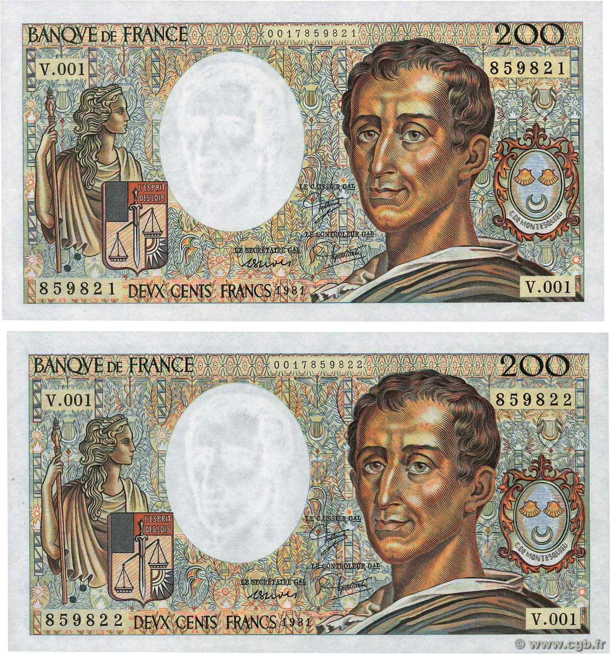 200 Francs MONTESQUIEU Consécutifs FRANCE  1981 F.70.01 UNC-