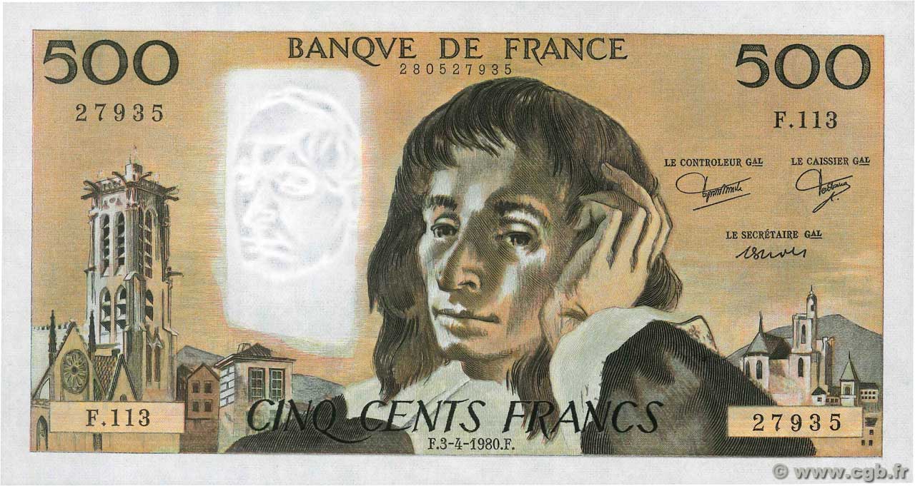 500 Francs PASCAL FRANCE  1980 F.71.21 UNC