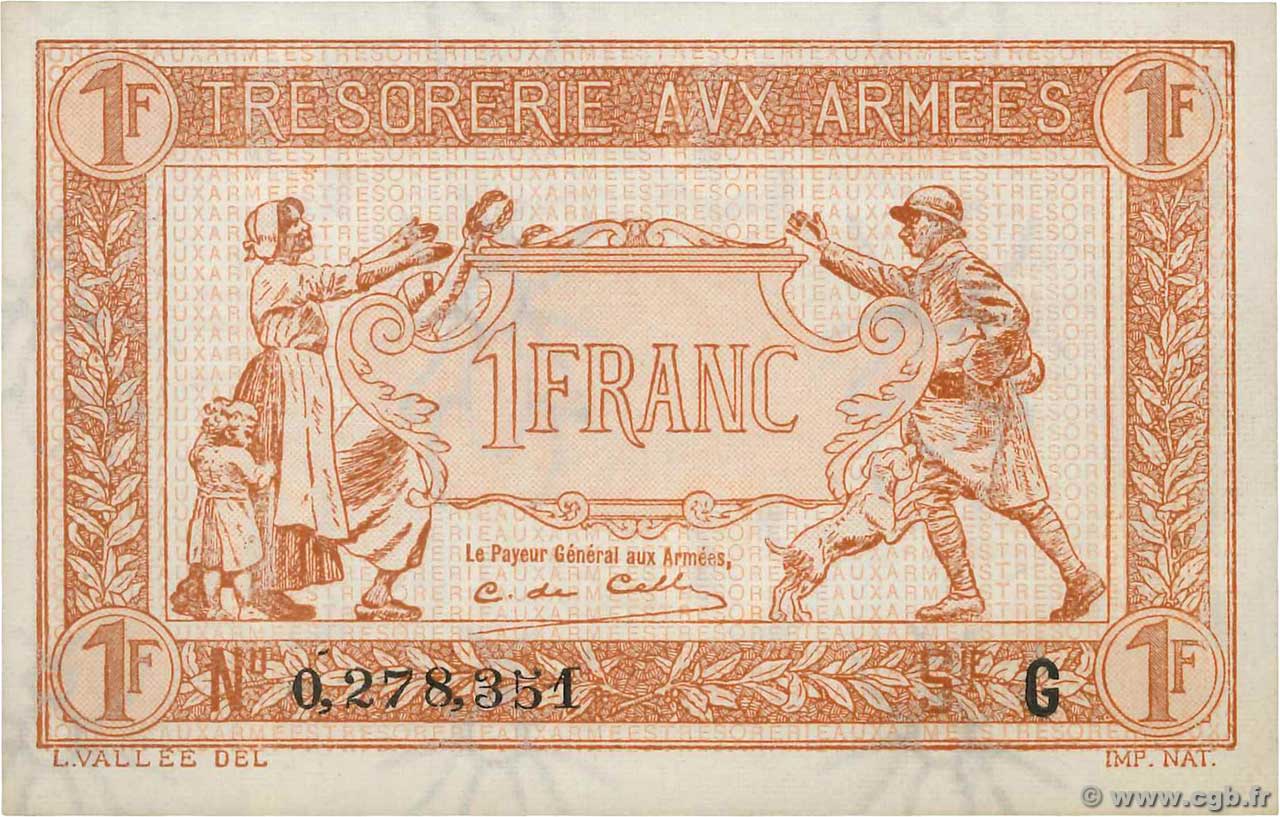 1 Franc TRÉSORERIE AUX ARMÉES 1917 FRANKREICH  1917 VF.03.07 fST