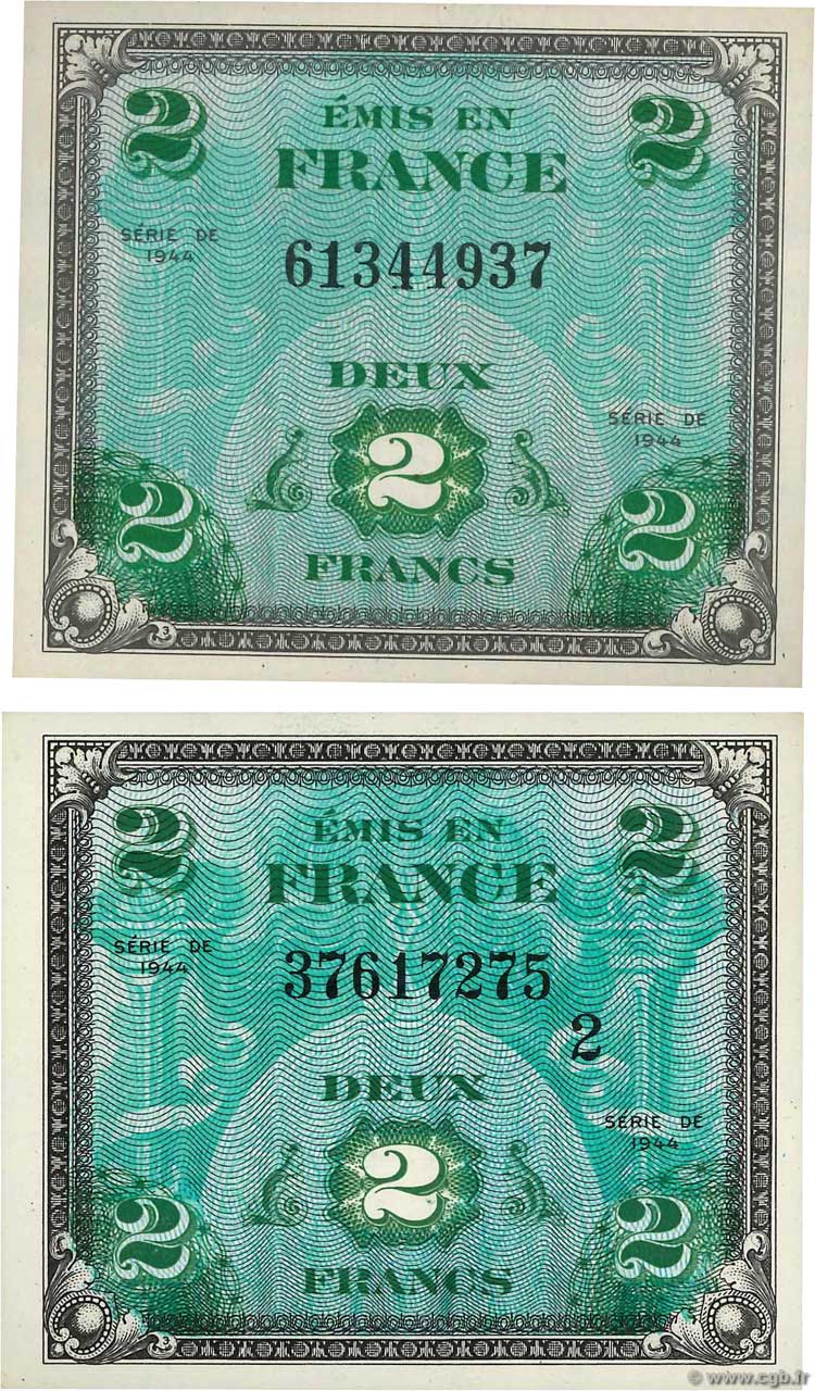 2 Francs DRAPEAU Lot FRANCE  1944 VF.16.01 et VF.16.02 NEUF