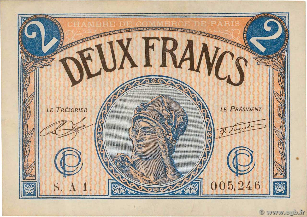 2 Francs FRANCE regionalismo y varios Paris 1920 JP.097.28 EBC