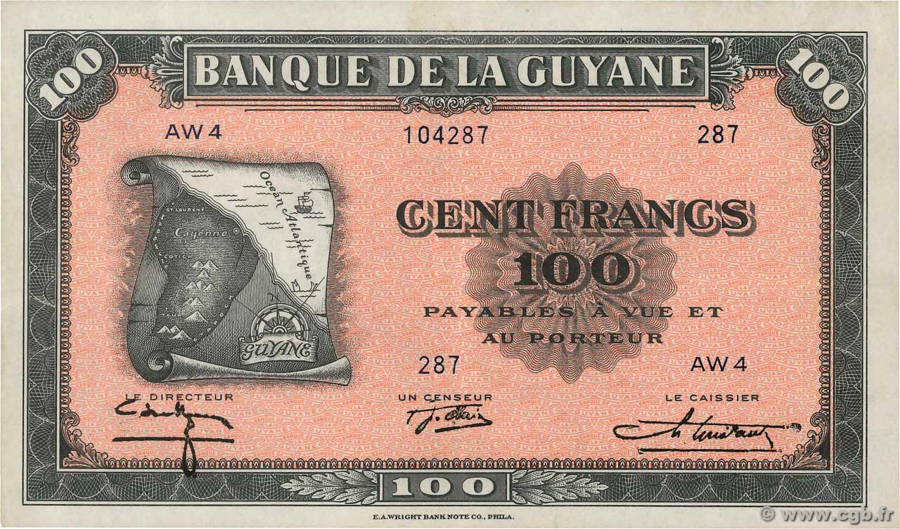 100 Francs FRENCH GUIANA  1942 P.13a EBC