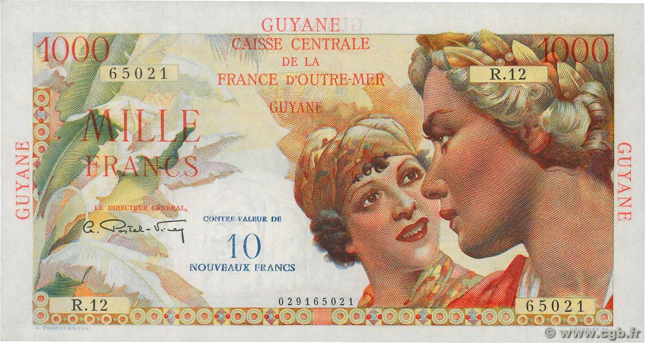 10 NF sur 1000 Francs Union Française FRENCH GUIANA  1960 P.32 VZ+
