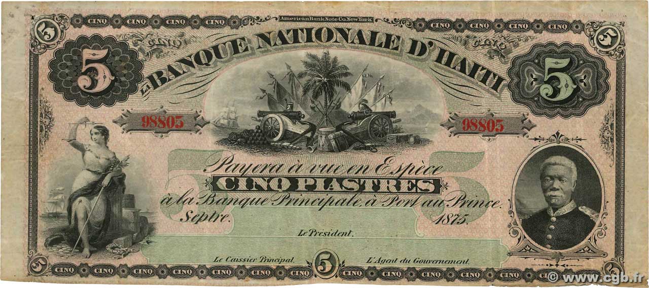 5 Piastres HAÏTI  1875 P.072 fSS