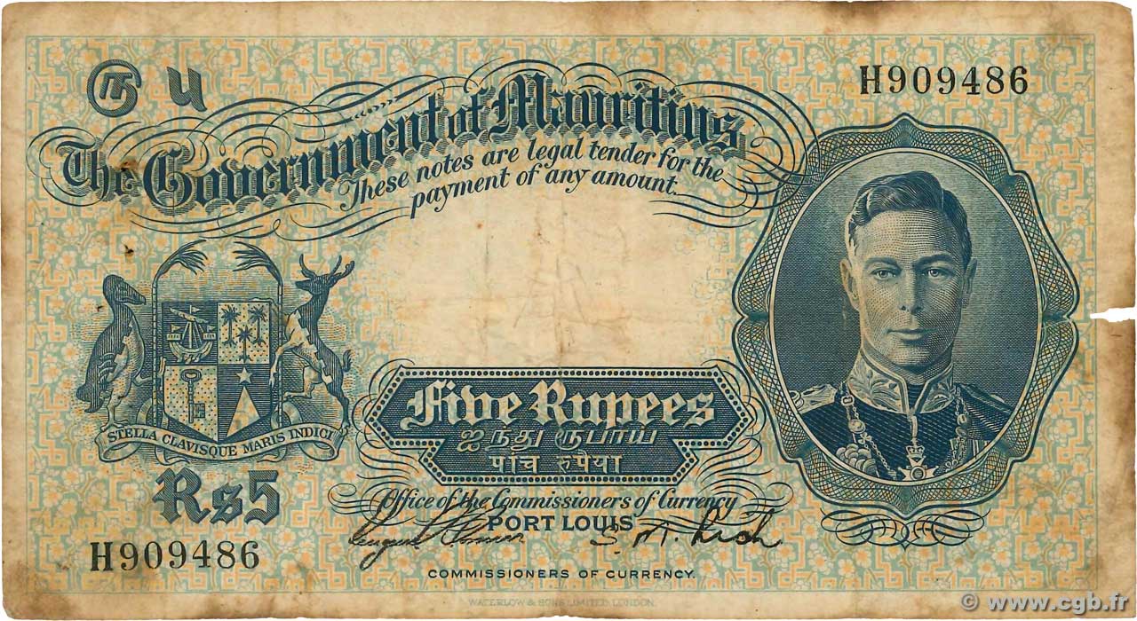 5 Rupees MAURITIUS  1937 P.22 SGE