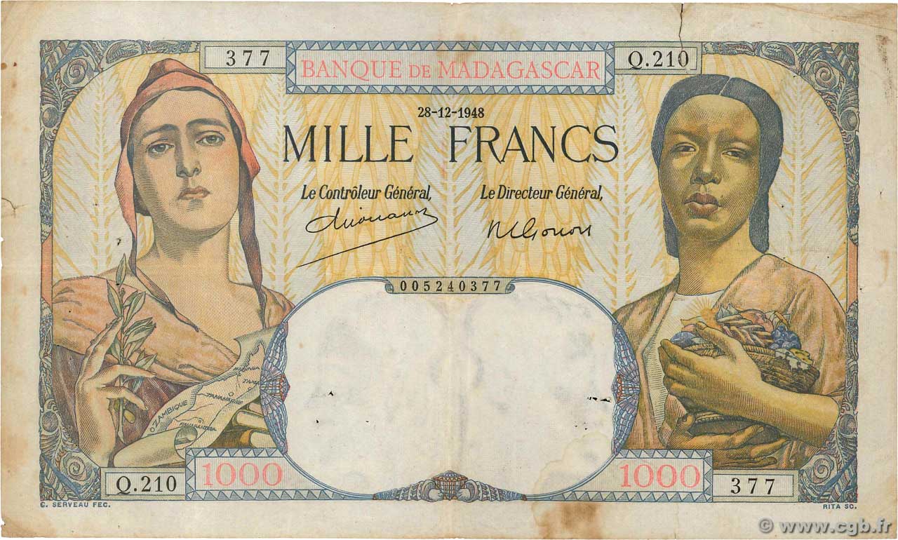 1000 Francs MADAGASCAR  1948 P.041 q.MB
