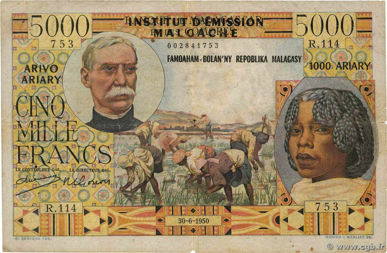 5000 Francs - 1000 Ariary MADAGASCAR  1955 P.055 q.MB