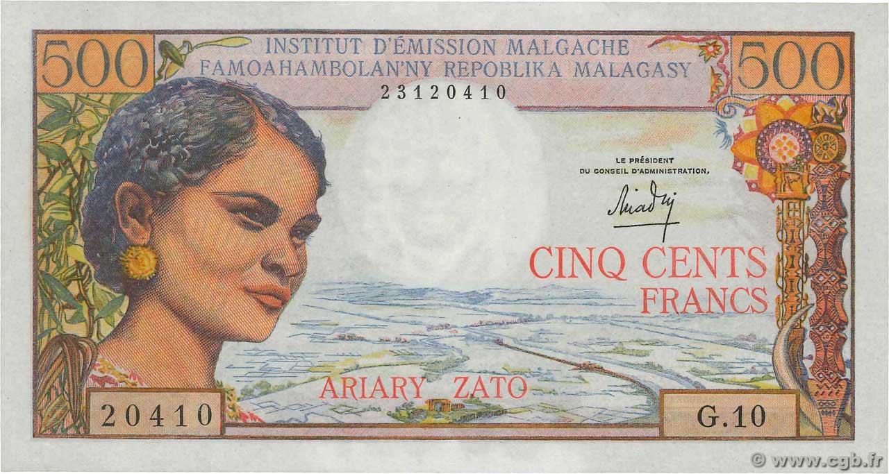 500 Francs - 100 Ariary MADAGASCAR  1964 P.058a EBC
