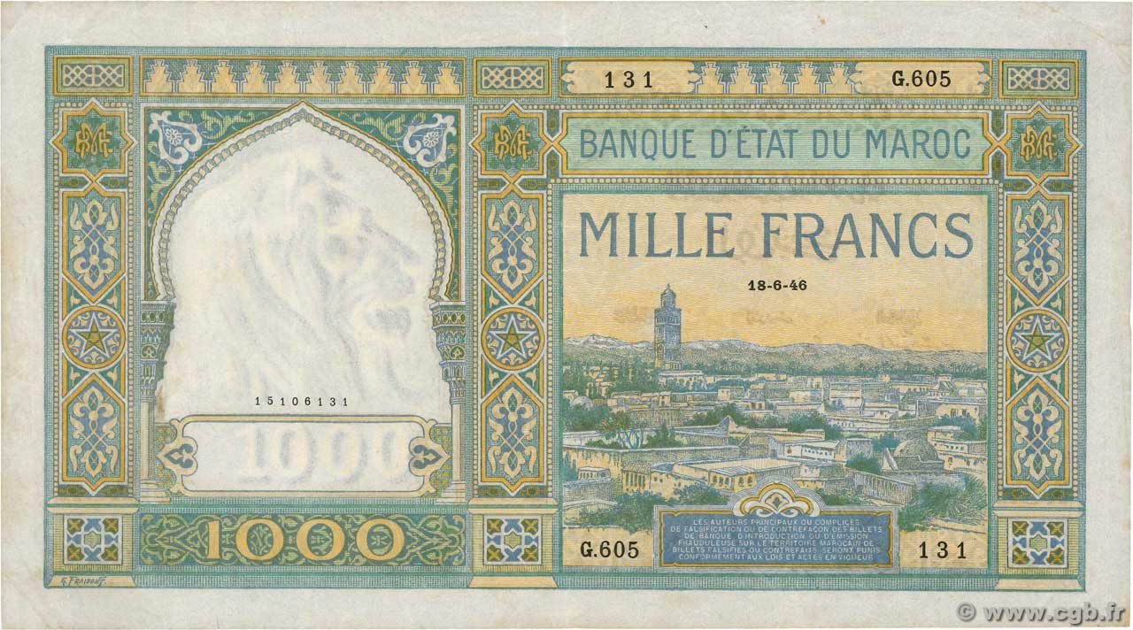 1000 Francs MOROCCO  1946 P.16c VF