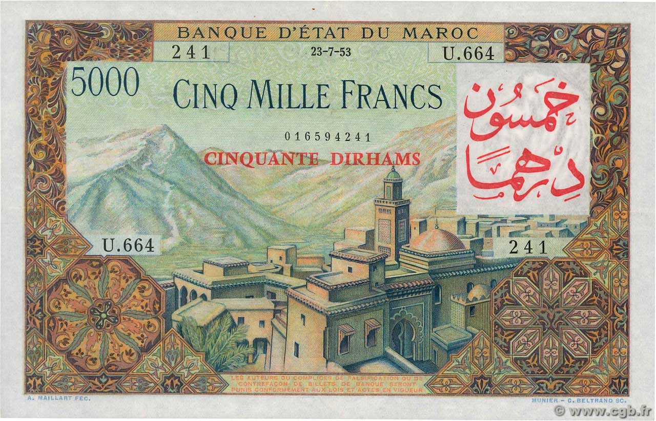 50 Dirhams sur 5000 Francs MAROCCO  1953 P.51 q.SPL