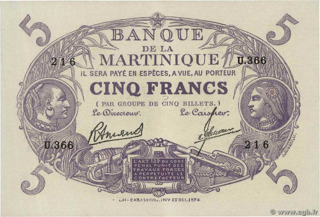 5 Francs Cabasson violet MARTINIQUE  1945 P.06 NEUF