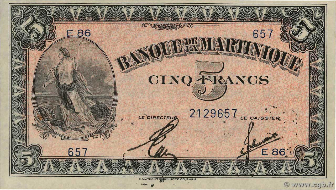 5 Francs MARTINIQUE  1942 P.16b q.SPL