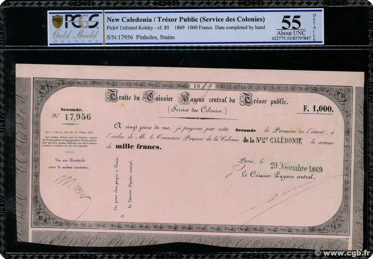 1000 Francs NEW CALEDONIA  1869 Kol.86var AU