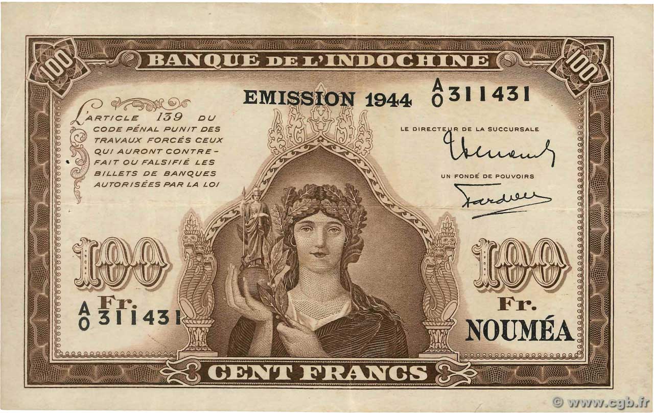 100 Francs NOUVELLE CALÉDONIE  1944 P.46b TTB