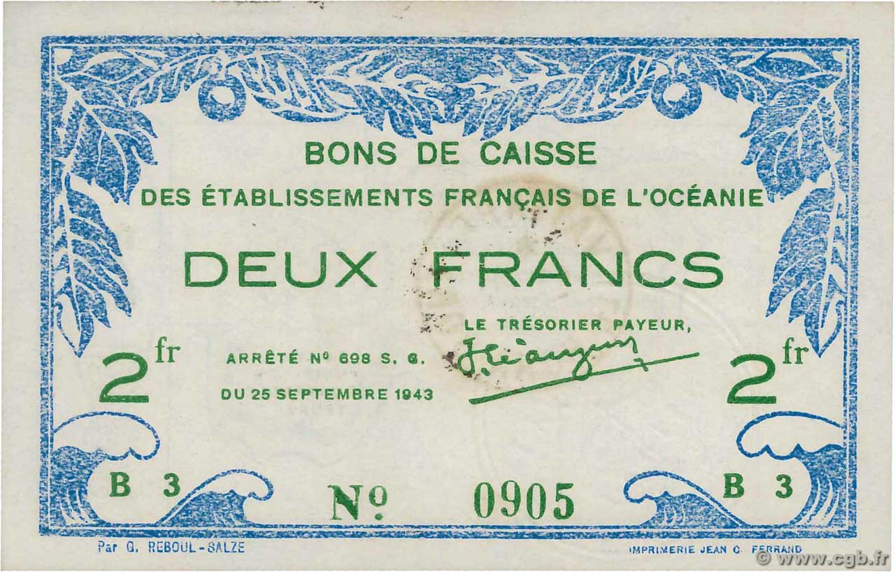2 Francs OCÉANIE  1943 P.12c NEUF