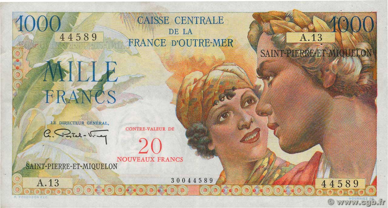 20 NF sur 1000 Francs Union Française SAN PEDRO Y MIGUELóN  1964 P.34 MBC