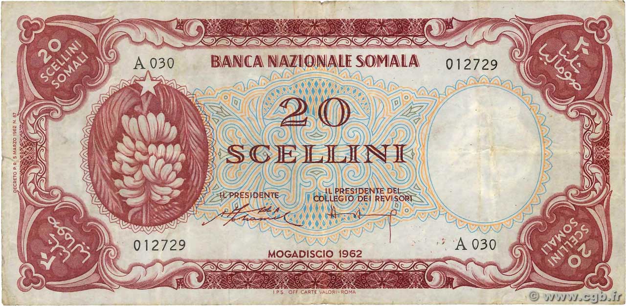 20 Scellini SOMALIA  1962 P.03a BC+